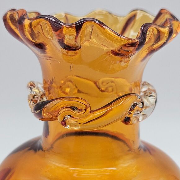 Pilgrim Glass Bud Vase Honey Amber Hand Blown Art Glass Ruffle Rim Vintage - Picture 6 of 10
